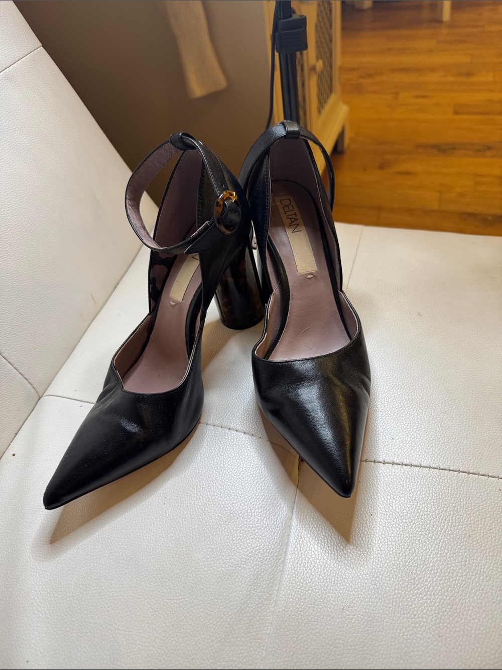 Black Pointed Toe Ankle-Strap Pumps with Block Heel Leather